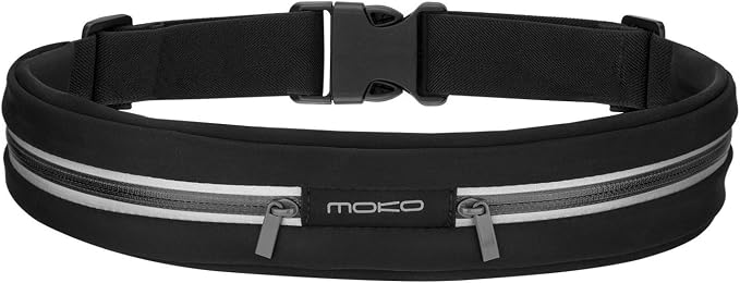 MoKo Sports Running Belt,Outdoor Dual Pouch Sweatproof Reflective Slim Waist Pack,Fitness Workout Belt Fanny Pack Compatible with iPhone 11/11 Pro Max/X/Xr/Xs Max/8/7, Galaxy Note 10/10 Plus, S20/S10