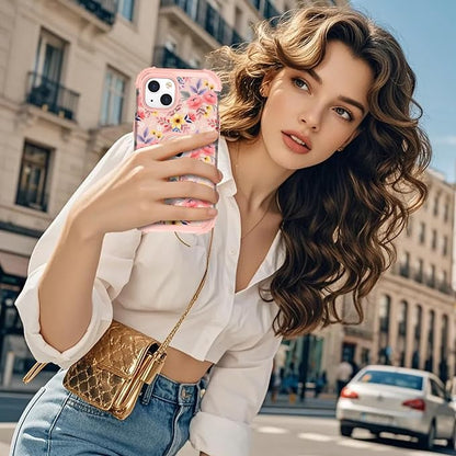 Hocase for iPhone 15 Case, Heavy Duty Shockproof Protection Soft Silicone Rubber Bumper+Hard Plastic Hybrid Protective Case for iPhone 15 (6.1" Display) 2023 - Cute Pink Yellow Flowers