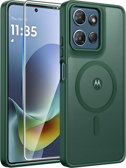 FNTCASE for Moto G Play 2026 / G 2026 / G 2025 Phone Case, Screen Protector | Translucent Matte Magnetic Back, 14FT Military Grade Drop Protection, Shockproof Protective Phone Cover, Green