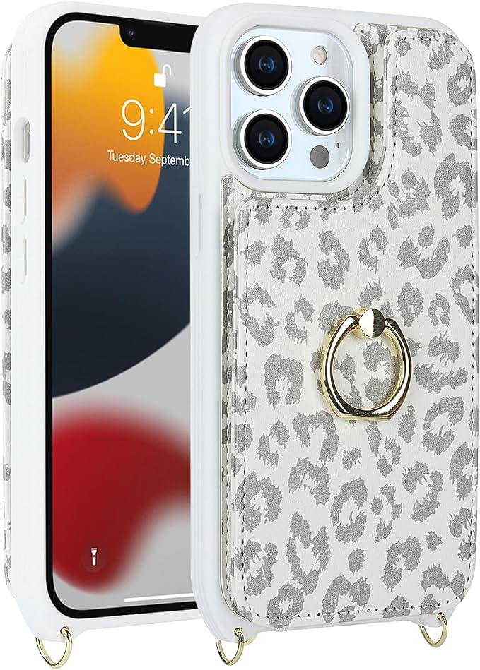 Lipvina for iPhone 13 Pro Max/iPhone 12 Pro Max Case with Card Holder for Women,Crossbody Strap Lanyard,Credit Card Holder,Ring Stand,Snap Clasp,Cute Wallet Case 6.7 inch (White Leopard)