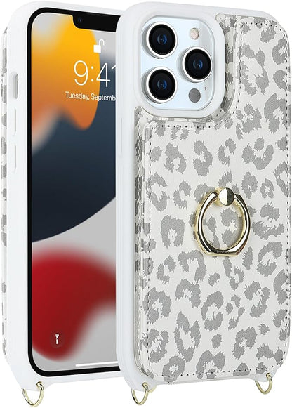 Lipvina for iPhone 13 Pro Max/iPhone 12 Pro Max Case with Card Holder for Women,Crossbody Strap Lanyard,Credit Card Holder,Ring Stand,Snap Clasp,Cute Wallet Case 6.7 inch (White Leopard)