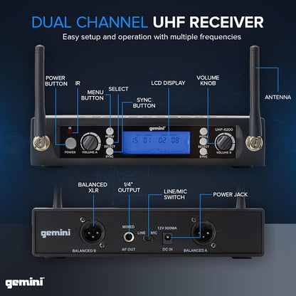 Gemini Sound UHF-6200HL Wireless Mic System – UHF Receiver with 256 Selectable Frequencies, Dual Headset & Lavalier Mics, 240ft Range, LCD Display, Noise-Free Audio for Performers & Instructors