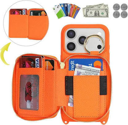 Crossbody Wallet Case for iPhone 17 Pro, PU Leather Zipper Handbag Purse Flip Cover, Kickstand Folio Case with Card Slots Holder Wrist Strap Lanyard 5G 6.3 Inch-Orange