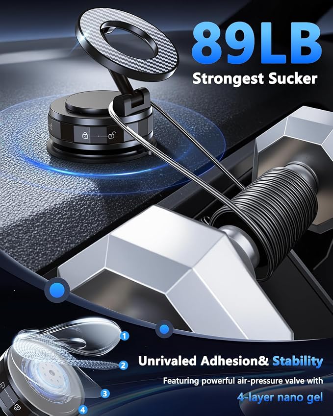 Vacuum Magnetic Car Phone Holder for Mag-Safe [89+LBS Suction & 3200gf Magnetic] 360° Adjustable Ultra Suction Cup Phone Holders for Your Car, Car Mount for iPhone 17 Pro Max 16 15 14 13 12 Air Plus
