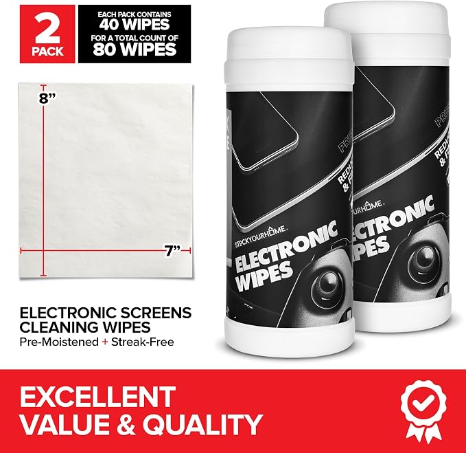Electronic Screen Cleaner Wipes (80 Count, 2 Pack), Streak Free Pre-Moistened Wipes for Cleaning TVs, Laptops, Phones, Watches, Glasses, Cameras and Computer Screens