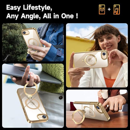 [Tri-Shield Protection] for iPhone 17e/16e Case with 360° Spin Stand Compatible with MagSafe [Magnetic CD Ring] [Screen & Camera Lens Protector] Shockproof Plating Never-Yellowing, Gold-6.1"