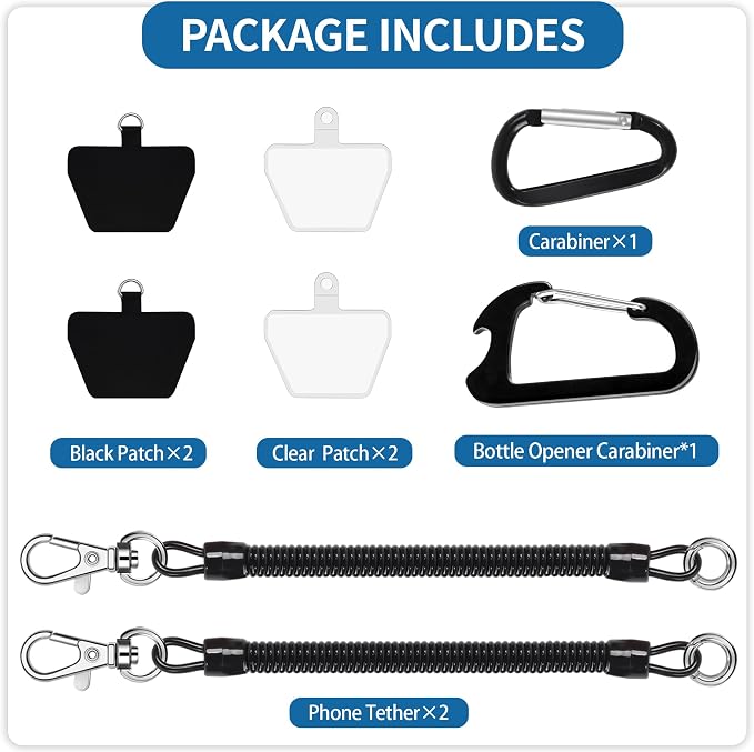 Doormoon Phone Lanyard Tether with 4 Patch, Cell Phone Lanyard with 2* Phone Tether, 4* Patch, Carabiner*1, Bottle Opener Carabiner*1 for Outdoor Hiking Climbing, Black*2