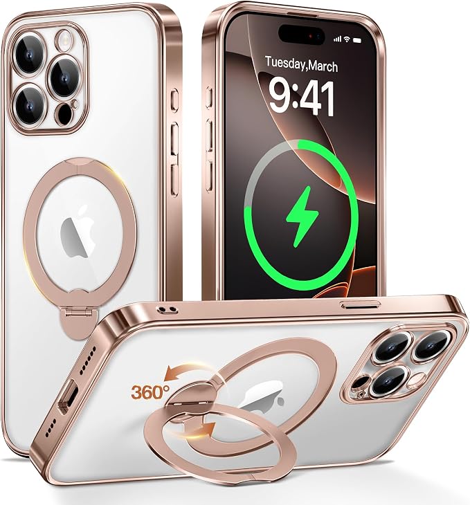Desert Titanium for iPhone 15 Pro Max Case With 360° Spin Magnetic Stand,[Compatible With Magsafe] [Military Protection][Built-in Ring Holder]Shockproof Phone Case for 15 Pro Max,Rose Gold/Clear