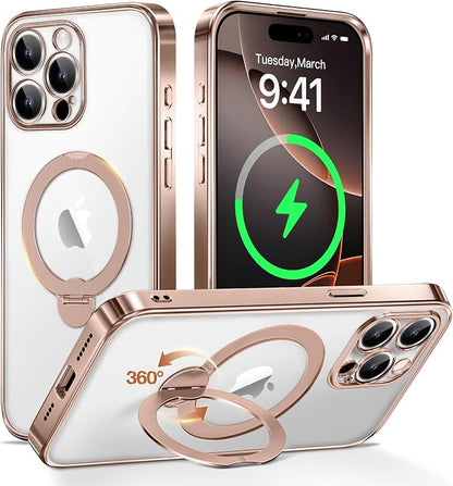 Desert Titanium for iPhone 15 Pro Max Case With 360° Spin Magnetic Stand,[Compatible With Magsafe] [Military Protection][Built-in Ring Holder]Shockproof Phone Case for 15 Pro Max,Rose Gold/Clear