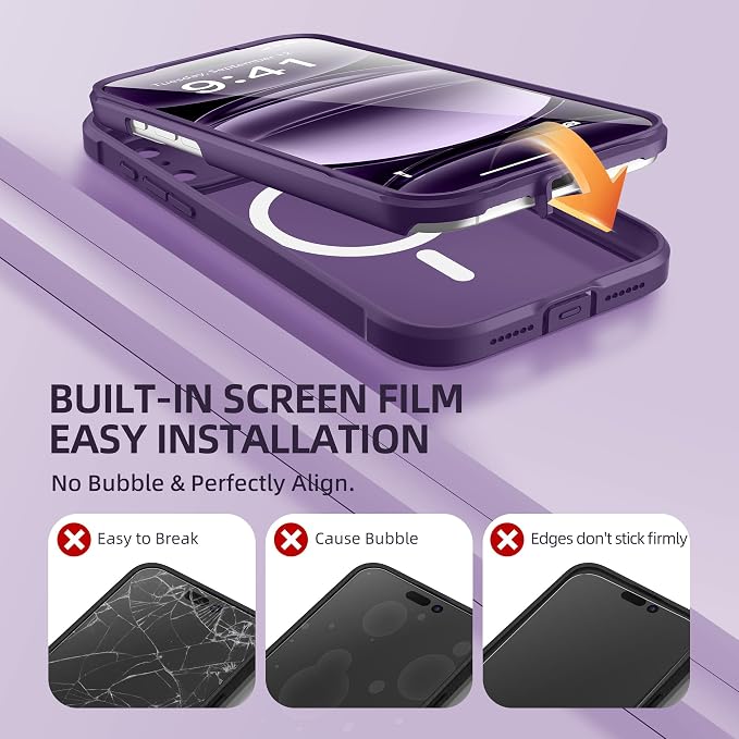 BERFY for iPhone 17 Pro Case, Compatible with MagSafe, Built-in Glass Screen Protector, Camera Protection, Shockproof Full Body Phone case 6.3", Translucent Deep Purple