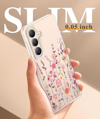 GVIEWIN for Samsung Galaxy S26 Case, Clear Floral Slim Shockproof Protective Women Phone Case, Non-Yellowing, with Screen Protector & Camera Lens Protector for Galaxy S26 6.3", Floratopia/Orange