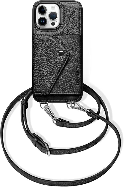 LUCKYCOIN for iPhone 16 Pro Max Crossbody Wallet Case – Genuine Leather Phone Purse with Adjustable Strap and Card Holder,Lanyard Phone Purse Case for Women,Pebble Grain Black