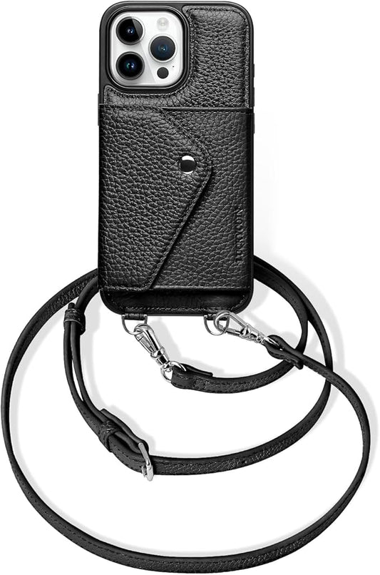 LUCKYCOIN for iPhone 16 Pro Max Crossbody Wallet Case – Genuine Leather Phone Purse with Adjustable Strap and Card Holder,Lanyard Phone Purse Case for Women,Pebble Grain Black