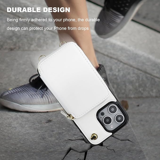 Bocasal for MagSafe Crossbody Wallet Case Compatible with iPhone 16 Pro, RFID Blocking Protective Purse Case with Card Slots Holder Kickstand Wrist Strap Lanyard Zipper 6.3 Inch 5G (White)