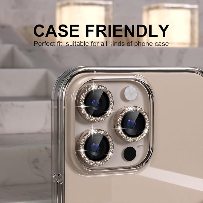 Choiche Compatible for iPhone 16 Pro/iPhone 16 Pro Max Camera Lens Protector Bling, 9H Tempered Glass Camera Cover Screen Protector Metal Ring Decoration Accessories(Glitter-Titanium Desert)