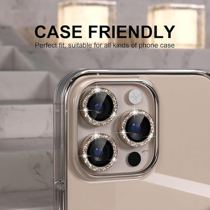Choiche Compatible for iPhone 16 Pro/iPhone 16 Pro Max Camera Lens Protector Bling, 9H Tempered Glass Camera Cover Screen Protector Metal Ring Decoration Accessories(Glitter-Titanium Desert)