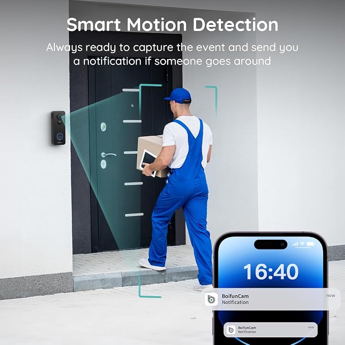 BOIFUN Video Doorbell Camera Wireless, 180° Wide View, 2K HD, No Subscription, AI Human Detection, Head-to-Toe, HDR Night Vision, Two-Way Audio, Battery Powered with Chime, 2.4 GHz Wi-Fi Only