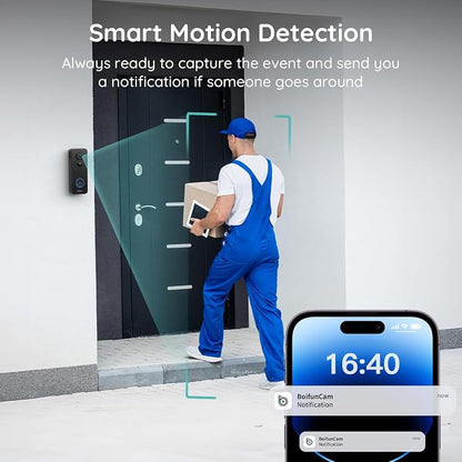 BOIFUN Video Doorbell Camera Wireless, 180° Wide View, 2K HD, No Subscription, AI Human Detection, Head-to-Toe, HDR Night Vision, Two-Way Audio, Battery Powered with Chime, 2.4 GHz Wi-Fi Only