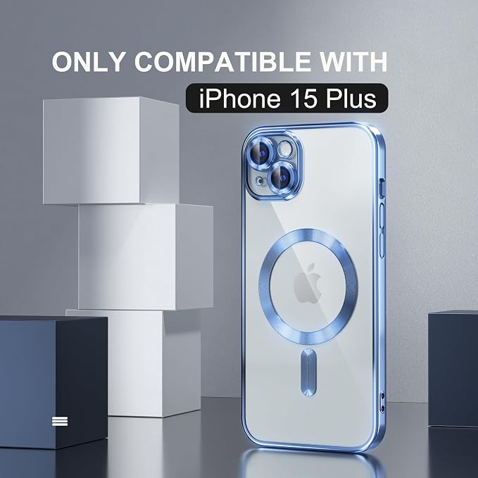 Misea Magnetic for iPhone 15 Plus Case Compatible with MagSafe [Never Yellowing] [Military Grade Drop Protection] Full Camera Lens Protector Plating Soft Clear Phone Case for Women, Sierra Blue