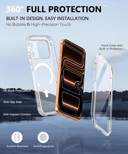 Compatible with iPhone 17 Pro Max Case Clear, Built-in Screen Protector, [Compatible with MagSafe] Full Body Rugged Phone Case, Shockproof Protective Magnetic Cover for 17 ProMax 6.9" (Clear)
