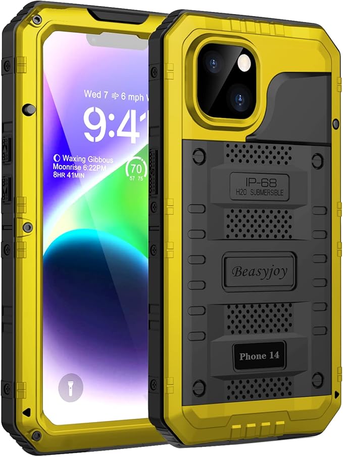 Beasyjoy for iPhone 14 Case Waterproof, Metal Heavy Duty Full Body Protective Case with Built-in Screen Protector, Military Grade Shockproof Dustproof Defender Rugged Cover 6.1 Inch, Yellow