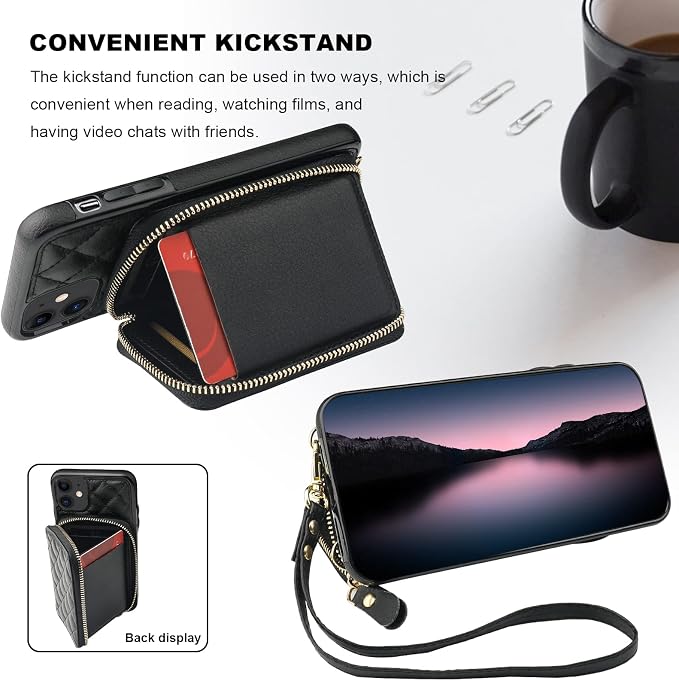 Bocasal Crossbody Wallet Case for iPhone 11, RFID Blocking PU Leather Zipper Handbag Purse Flip Cover, Kickstand Folio Case with Card Slots Holder Wrist Strap Lanyard 6.1 Inch (Black)
