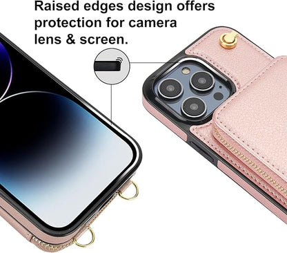 Bocasal for MagSafe Crossbody Wallet Case Compatible with iPhone 14 Pro Max, RFID Blocking Protective Purse Case with Card Slots Holder Kickstand Wrist Strap Lanyard Zipper 6.7 Inch 5G (Rose Gold)