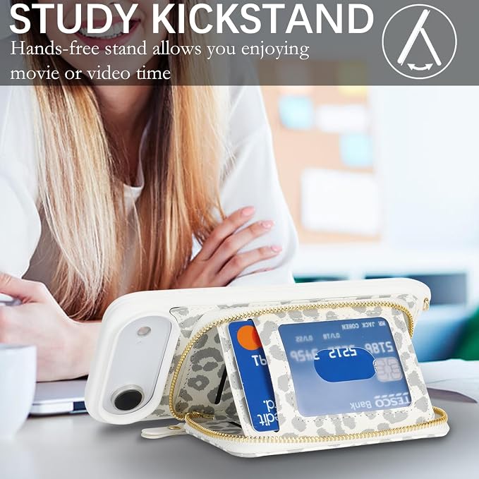 Crossbody Wallet Case for iPhone Air, PU Leather Zipper Handbag Purse Flip Cover, Kickstand Folio Case with Card Slots Holder Wrist Strap Lanyard 5G 6.5 Inch-White Leopard