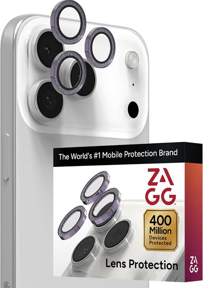 ZAGG iPhone Camera Lens Protector for iPhone 17/16/15 Pro and Pro Max Models - Purple Glitter, Camera Ring, Maximum Impact & Scratch Protection, Anti-Reflective Technology, Glass Elite
