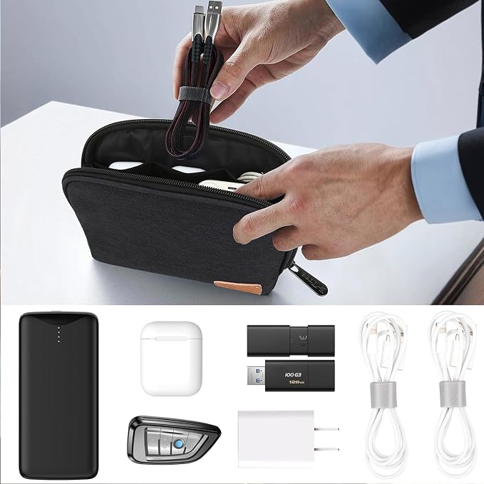E-Tree Small Tech Pouch Organizer Bag (7.8" x 5") – Travel Electronics Accessories Case for MacBook Charger, USB-C Adapter, Cables, Power Bank, Mouse, SSD, Dongle & Hub | Foam Padded
