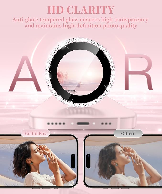 GolbinBox Camera Lens Protector for iPhone 13/13 Mini, 1:1 Invisible Fit, 9H Tempered Glass Ultra HD Metal Individual Camera Cover for Women, Case Friendly, Bling/Pink