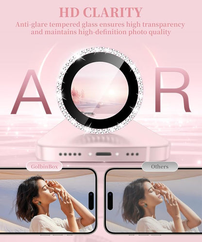 GolbinBox Camera Lens Protector for iPhone 13/13 Mini, 1:1 Invisible Fit, 9H Tempered Glass Ultra HD Metal Individual Camera Cover for Women, Case Friendly, Bling/Pink