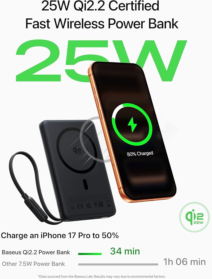 Baseus Picogo AM52 MagSafe Power Bank, Qi2.2 25W 10,000mAh Magnetic Portable Charger, 0.6" Slim Built-in 45W USB-C Cable, Alloy Fast Charging Wireless Battery Pack for iPhone 17/16/15/14/13/12 Only