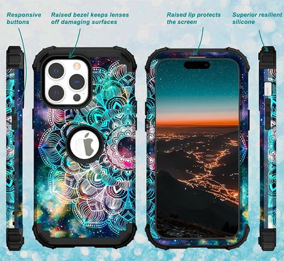 Hocase for iPhone 15 Pro Case, Heavy Duty Shockproof Protection Soft Silicone Rubber Bumper+Hard Plastic Hybrid Protective Case for iPhone 15 Pro 6.1" 2023 - Mandala in Galaxy