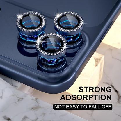 Choiche Compatible for iPhone 17 Pro/iPhone 17 Pro Max Camera Lens Protector Bling, 9H Tempered Glass Camera Cover Screen Protector Metal Ring Decoration Accessories (Diamond-Blue)