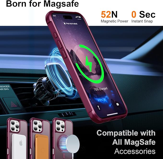 360° Magnetic Swivel Ring for iPhone 16 pro case, Built-in Metal Stand and Ring Holder, Magsafe Compatible, Military Grade Protection, Shock and Vibration Resistant - Wine Red