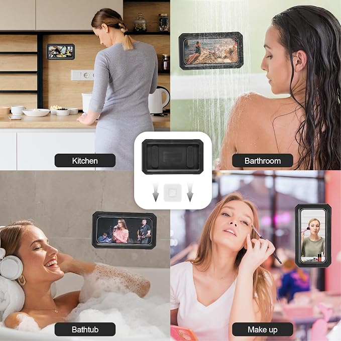 Shower Phone Holder Waterproof Wall Mounted 360°Rotation HD High Sensitivity Touch Screen Phone Stand Case for Bathroom Bathtub Mirror Compatible with iPhone 16 15 14 13 12 11 Plus Pro Max