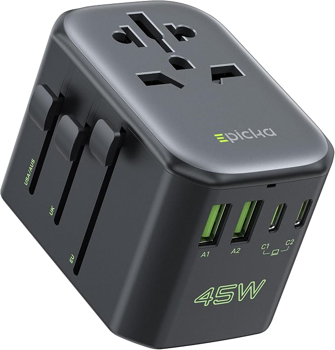 EPICKA Pulse 45W International Power Adapter, Universal Travel Adapter with PD Fast Charging, 5-Port (1 AC/2 USB-A/2 USB-C) European Travel Plug Adapter, Travel Essentials (Black)
