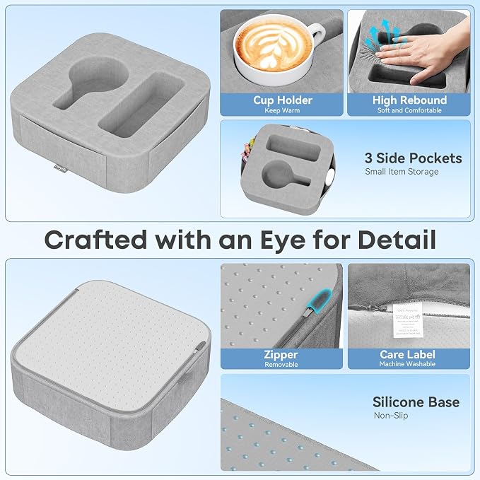Couch Cup Holder Pillow, Couch Caddy for Drink, Snack, Phone, Remote, Game Controller, Removable and Washable Cup Cozy Pillow, Small Sofa Cup Holder Tray for Bed, Car, Desk, Sofa, Gray