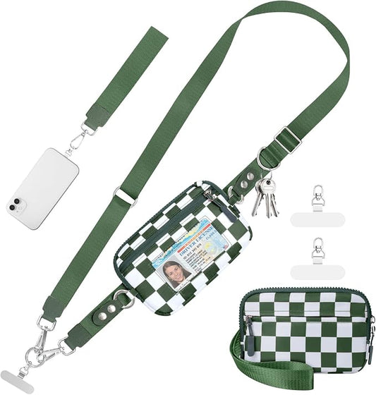 Clip and Go Strap for Phone with Wallet Crossbody Phone Lanyard and Detachable Checkered Bag with ID Window and RFID Pouch for Daily Travel.