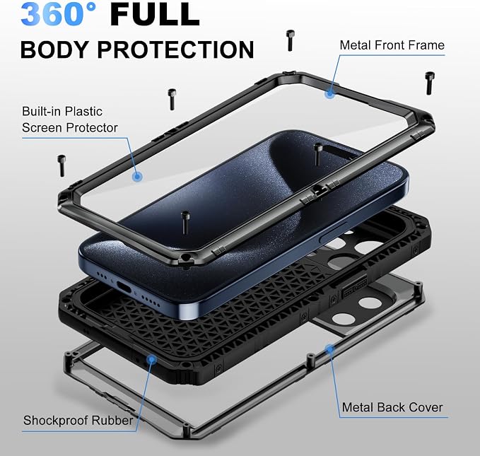 Beasyjoy for iPhone 15 Pro Max Case Waterproof, Metal Heavy Duty Full Body Protective Case with Built-in Screen Protector, Military Grade Shockproof Defender Cover for iPhone 15 Pro Max 6.7", Black