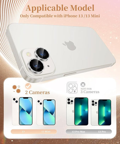 GolbinBox Camera Lens Protector for iPhone 13/13 Mini, 1:1 Invisible Fit, 9H Tempered Glass Ultra HD Metal Individual Camera Cover for Women, Case Friendly, Bling/Silver