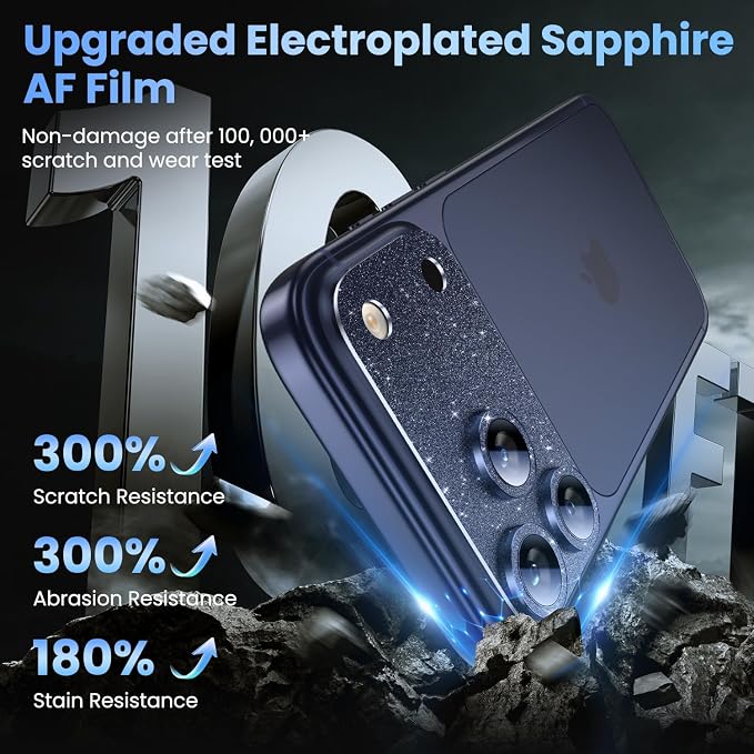 Uyiton for iPhone 17-Pro-Max Camera-Lens Protector: Bling [Not Easy to Break][Strong Adsorption][Case-Friendly] Metal Tempered Glass Rear Camera Screen Cover - Glitter Blue