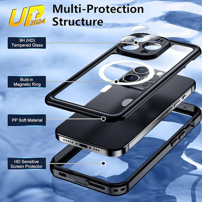 Temdan Magnetic for iPhone 14 Pro Case Waterproof, Built-in Screen Protector[IP68 Underwater][Compatible with MagSafe][Full Body Shockproof][Military Dropproof] Case for iPhone 14 Pro-Black/Clear