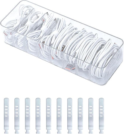 Clear Cable Cord Organizer Box, Adjustable Desk Drawer Storage Case for Home Office Supplies, Battery and Cell Phone Charger, Plastic Art Crafts Container