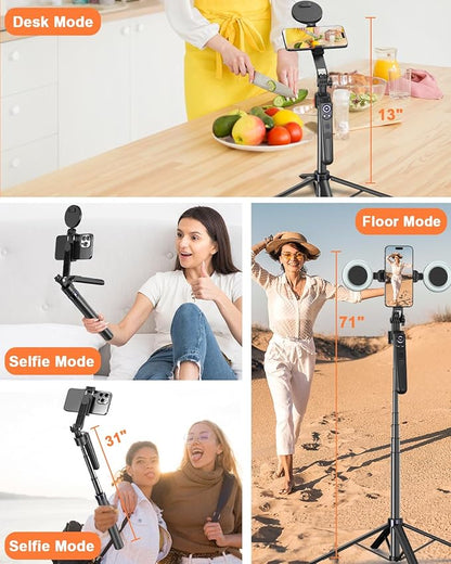 71” Auto Face Tracking Tripod for iPhone with Light,360° Rotating Phone Stand with Rechargeable Remote Control for TikTok Vlog Video Recording, Phone Tripod for Android Camera/GoPro/Ring Light