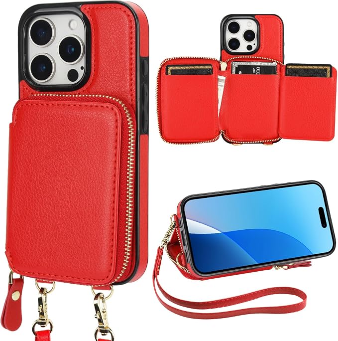 Bocasal RFID Blocking Wallet Case for iPhone 16 Pro, Adjustable Crossbody Zipper Purse Case Card Holder with Kickstand Detachable Wrist Strap, PU Leather Flip Folio Case 6.3 Inch 5G (Red)