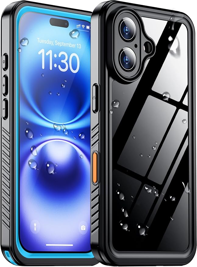 Temdan Compatible with iPhone 16 Case Waterproof, Built-in Screen & Camera Protector IP68 Underwater Full Body 16FT Military Dropproof Shockproof Phone Case 6.1"-Blue/Clear