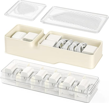 Cord Organizer Storage, Charger Organizer Box with Adjustable Dividers, Dustproof Plastic Case for Cables & Adapters, Includes Cable Ties and Labels, Wire Organizers for Cords in the Home Office