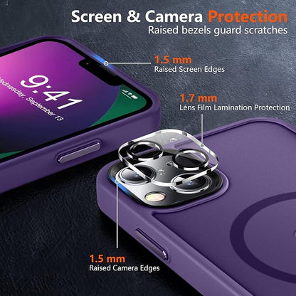 MOCCA Strong Magnetic for iPhone 13 Case, [Compatible with Magsafe][Screen Protector+Camera Lens Protector] Translucent Matte Back Slim Shockproof Case for iPhone 13 Phone Case 6.1", Deep Purple